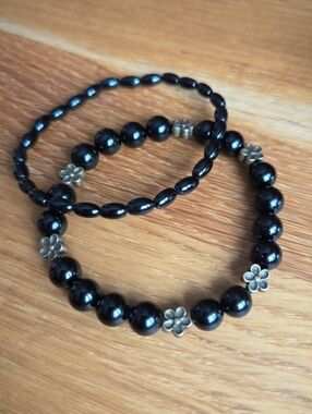 Black Onyx Beads Bracelet Set, Stretch, Hand Crafted
